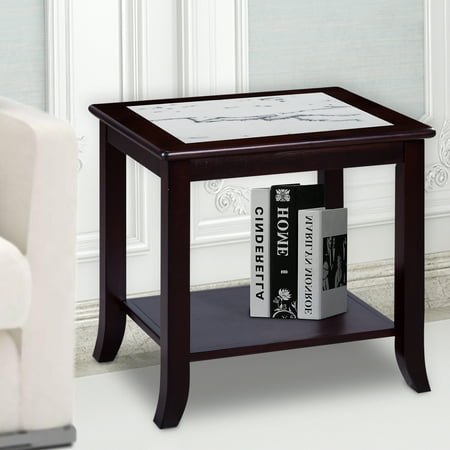 - GranRest Classic Calacatta Natural Marble End Table, shelf storage, Black/White, Solid Wood