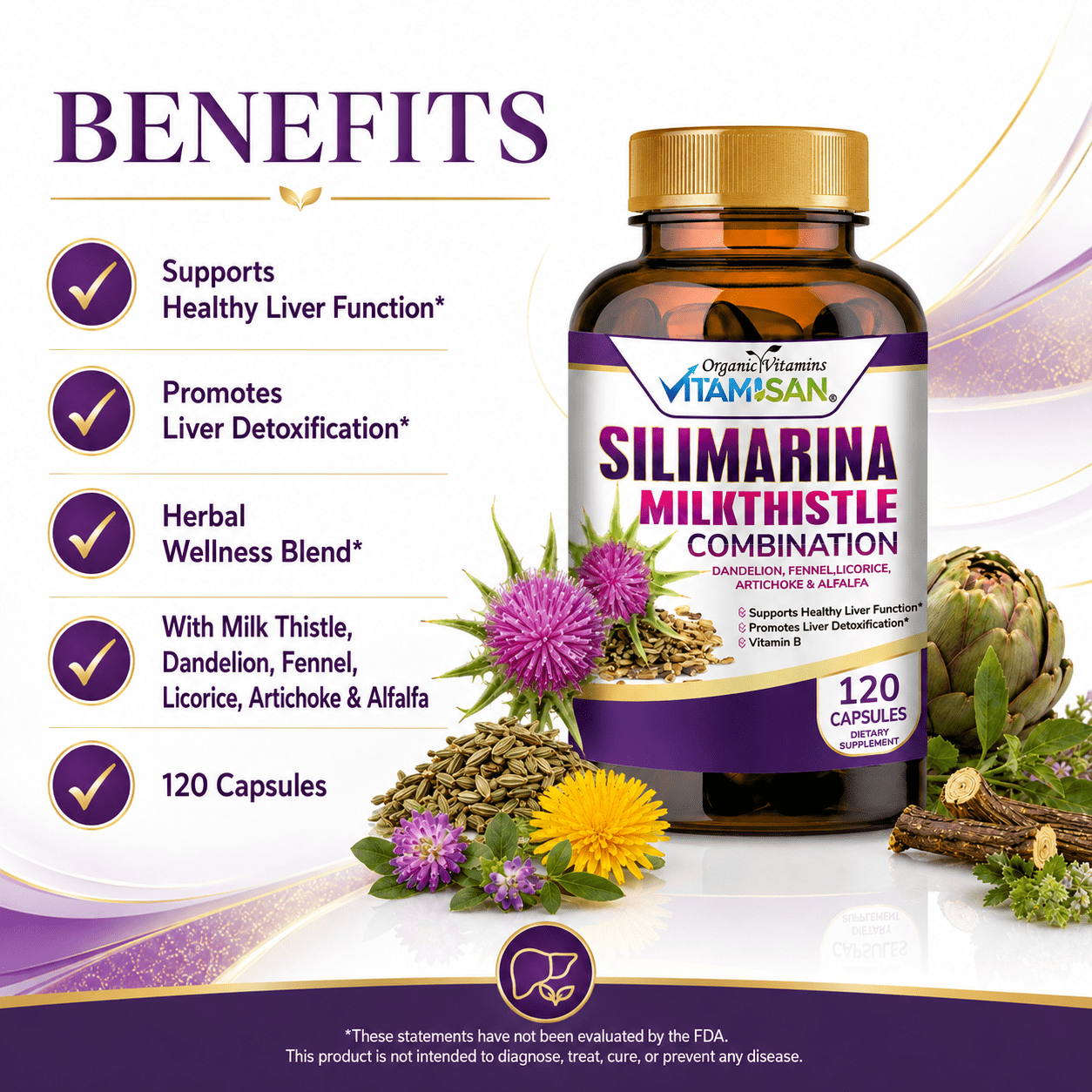 Vitamisan Silimarina Milk Thistle Combination 120 Capsules – Liver Support Supplement with Milk Thistle Extract, Dandelion, Artichoke, Alfalfa & Fennel Seed