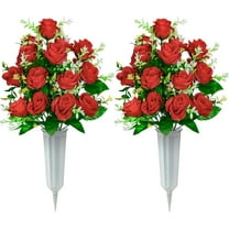 Artificial Cemetery Flowers, Set of Artificial Rose Bouquet Graveyard Memorial Flowers with Vase for Cemetery Headstones Decoration (Red-Pcs)
