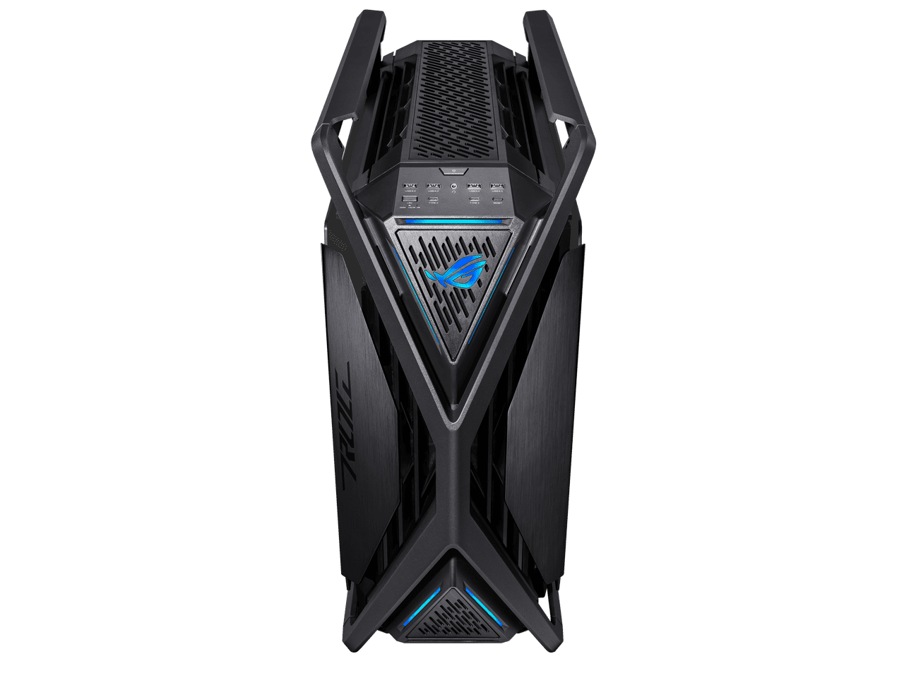 ASUS ROG Hyperion GR701 BTF Edition computer case, ASUS ATX BTF motherboards exclusive support, 420 mm dual radiator support, four 140 mm fans, metal GPU holder, component storage, ARGB fan hub