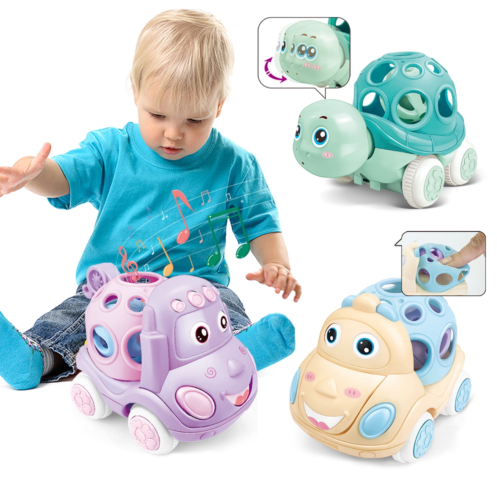 Baby Toy Cars for 1 Year Old, Toddler Soft Trucks Rattle Infant Toy 6-12 Months Boy Girl, 3 Pack Friction Powered Vehicle First Birthday for Kids