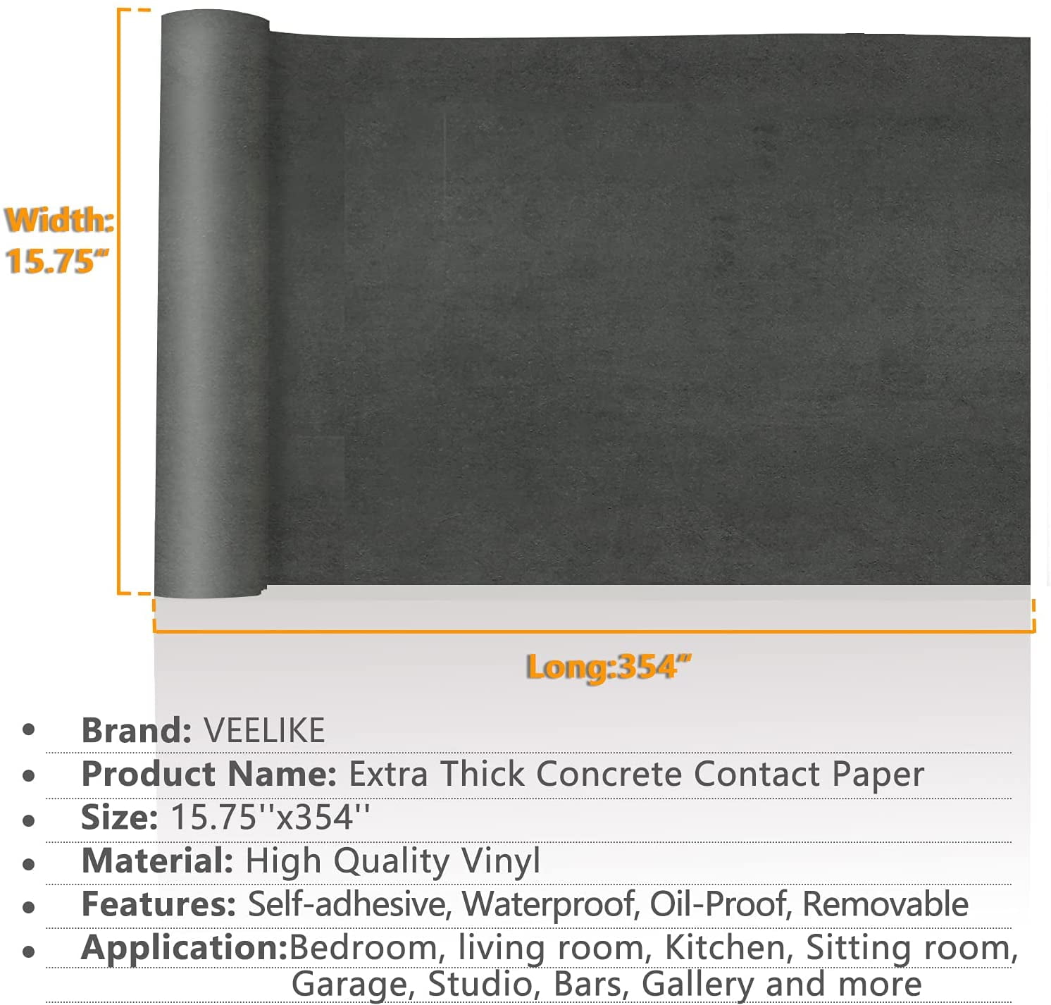 VEELIKE 15.7''x354'' Charcoal Black Concrete Wallpaper Peel and Stick Thick Concrete Contact Paper for Countertops Waterproof Self Adhesive Removable Vinyl Film Decorative for Bathroom Bedroom Garage