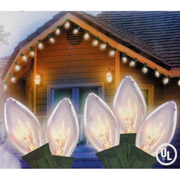 Set of 25 Transparent Clear C9 Christmas Lights - Green Wire