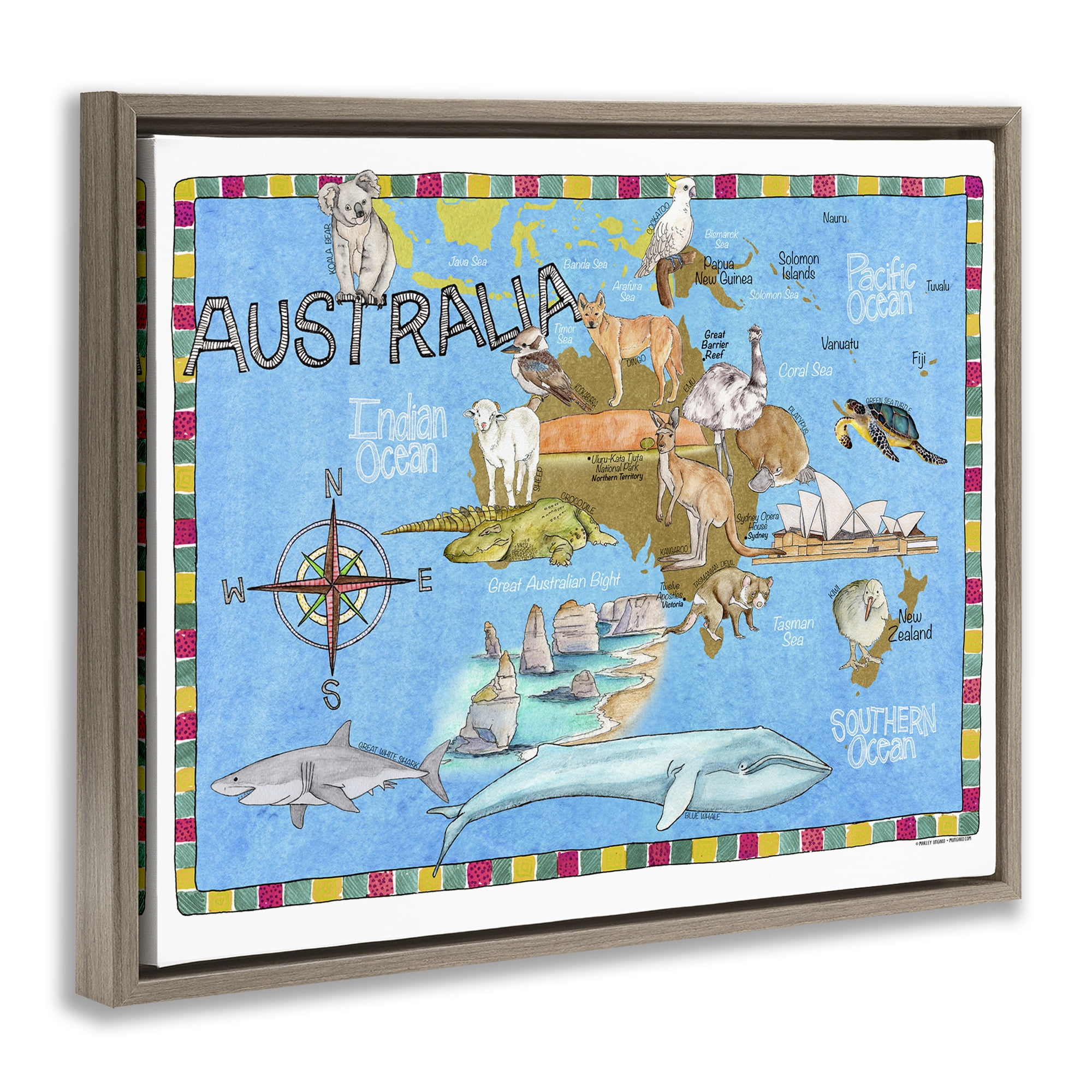 Stupell Industries Australia Animal Map Town & City Painting Brown Floater Framed Art Print Wall Art, 31 x 25