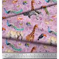 thumbnail image 2 of Soimoi Pink Silk Fabric Birds,Elephant & Giraffe Animal Printed Fabric 1 Yard 42 Inch Wide, 2 of 3
