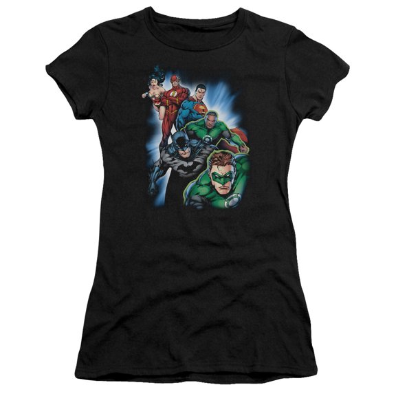 JLA Justice League Heroes Unite S/S Junior Women's T-Shirt Sheer Black