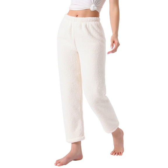 DARING DIVA Women's Fleece Fuzzy Elastic Waistband Lounge Pants XS White