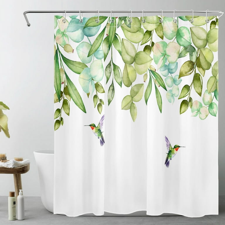 HVEST Eucalyptus Leaf Shower Curtain Decor, Green Leaf and