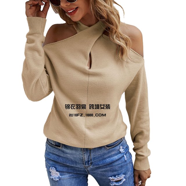 Suéter con cuello en V para mujer, suéter con hombros descubiertos, suéter informal con hombros caídos, jersey de manga larga de punto suelto, color caqui M