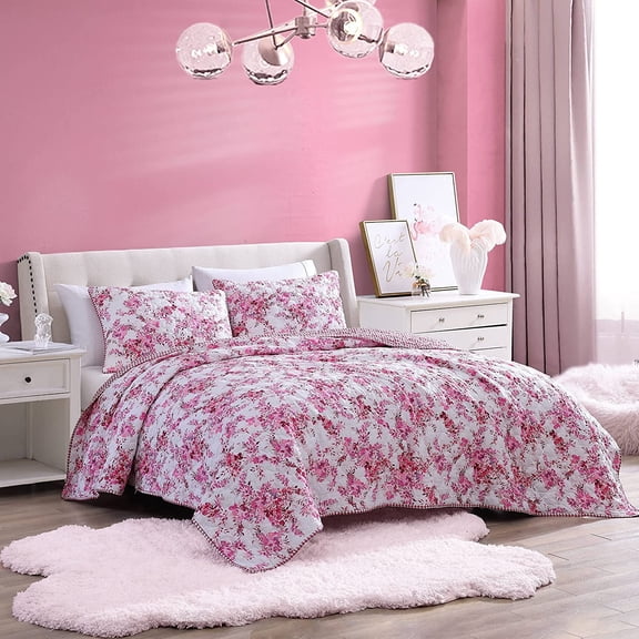 - Quilt Set, Reversible Brushed Microfiber Bedding with Matching Shams, Diamond Stitched Bedroom Decor (Floral Vineyard Pink, King)