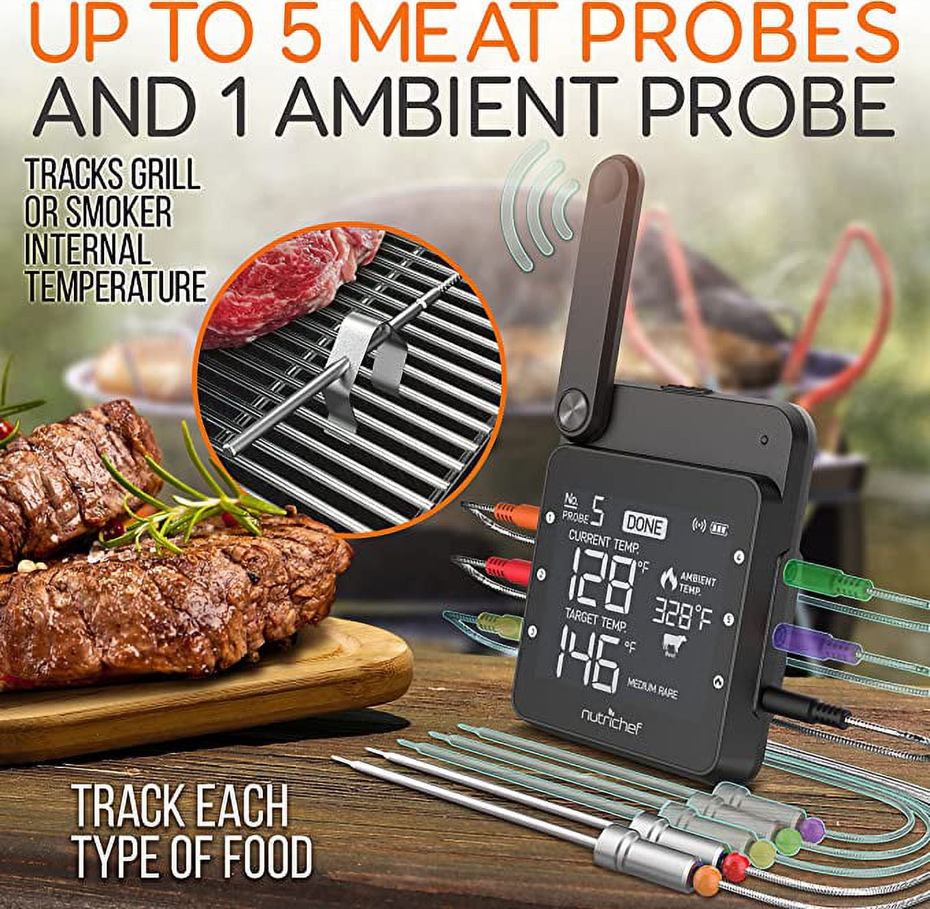 NutriChef PWIRBBQ90 - BBQ Thermometer - Kitchen & Outdoor Wireless Grill  Thermometer with Smartphone App Monitoring 