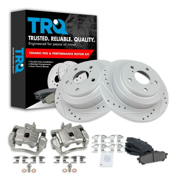 TRQ Rear Performance Brake Pad & Rotor Kit Brake Caliper Brake Pads Brake Rotors Set Ceramic Premium G-Coated Fits Select 2005-2006 Saab 9-2X 2004-2008 Subaru Forester 2004-2007 Impreza