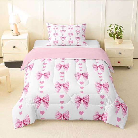 Erosebridal Pink Stripes Bow Tie Twin Comforter Sets 3-Piece For Kids Girls,Kawaii Love Heart Print Bedding Set,Pink Reversible