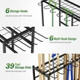 thumbnail image 3 of Garden Tool Organizer Rack with Wheels Up to 39 Tools, Heavy-Duty Steel Yard Tool Organizer for Garage Storage with 12 Hooks, Broom Holder & Garden Tool Rack for Shed, Patio, Outdoor Use, Black, 3 of 7