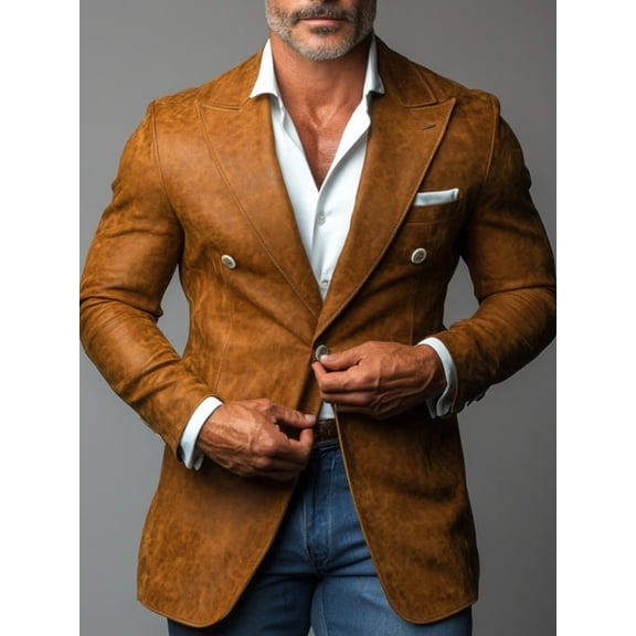 Men’s Brown Faux Suede Double‑Breasted Blazer, Mature Autumn‑Winter Casual Suit Jacket