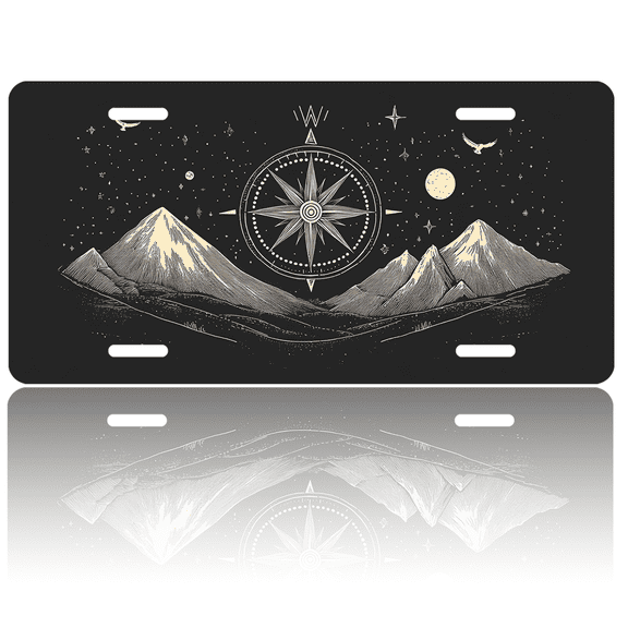 1 Pcs 2D Flat License Plate Covers & Frames, Mountain and Compass For Decorative Front, Waterproof For Decoration Aluminum License Plate Covers & Frames Cover For Men Women, 12" X 6"