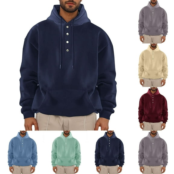 DDAPJ pyju Button Collar Hoodies for Men Drop Shoulder Long Sleeve Hooded Sweatshirt Loose Casual Pullover Hoodie Hip Hop Youth Hoody Navy M