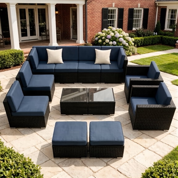 Gasee Patio Furniture Set 12 Piece Patio Furniture with Coffee Table and Ottoman Rattan Wicker Outdoor Sectional Set, Blue