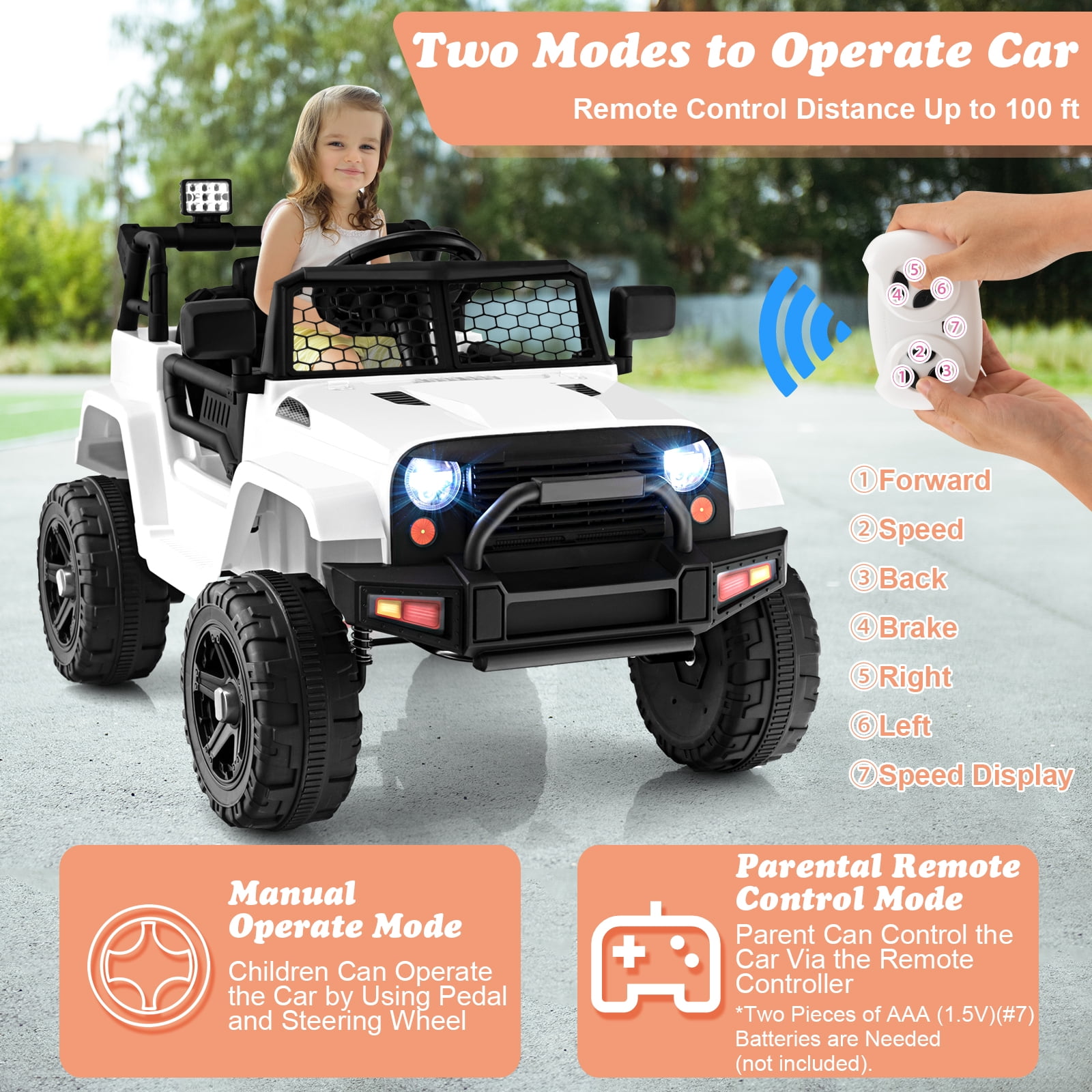 Topbuy 12V Kids Ride On Car Electric Vehicle Jeep with Parental Remote Music Horn Headlights Slow Start Function White