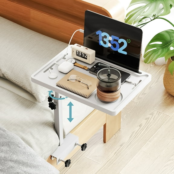 NiHome Bedside Shelf with Rotating Foldable Tray, Height-Adjustable Clip On Bed Side Tray Table, Overbed Table Fits Bed Frames 0.7"-2.7" Wide for Dorms, Apartments, Bedrooms,Dorm Essentials (White)