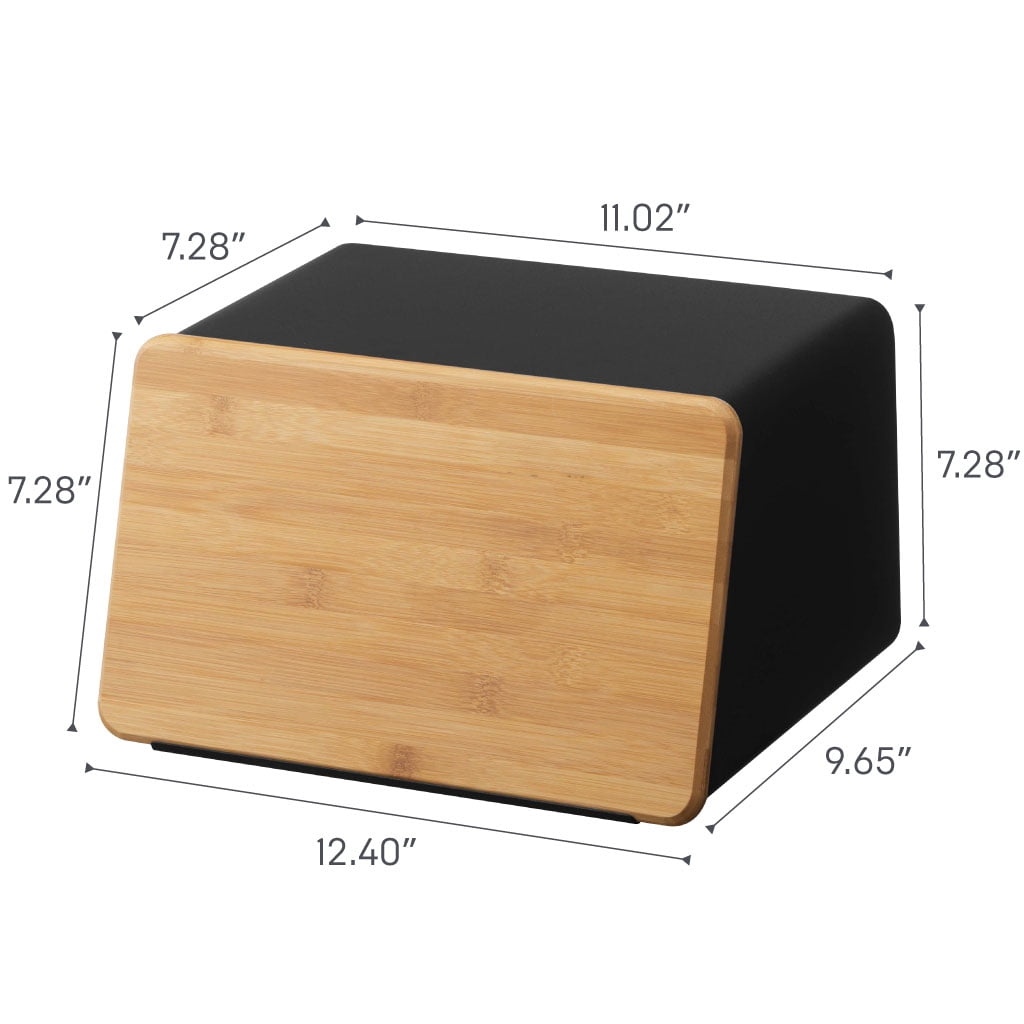 Yamazaki Home Bread Box with Cutting Board Lid, Black, Steel + Bamboo, Lid, No Assembly