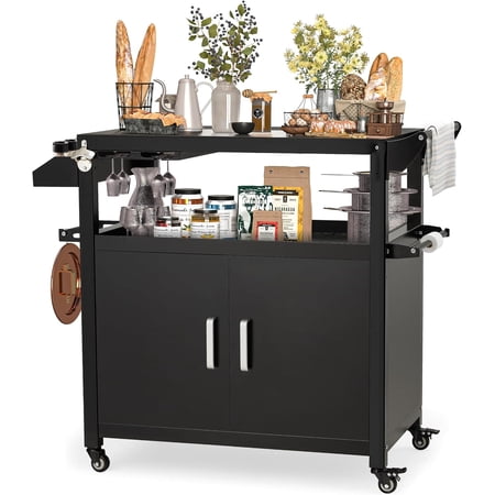 Outdoor Grill Cart Kitchen Storage Cabinets Island with Wheels Buffet Prep Tables for Outside Steel BBQ Bar Carts for Patio Serving Tables Cooking Station Countertops for Grilling Supplies