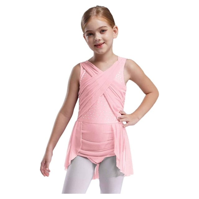 Raenseen Girls Rhinestone Skating Leotard Lyrical Ballet Dance Dress Cutout Back Dress Performance Costume Pink 12