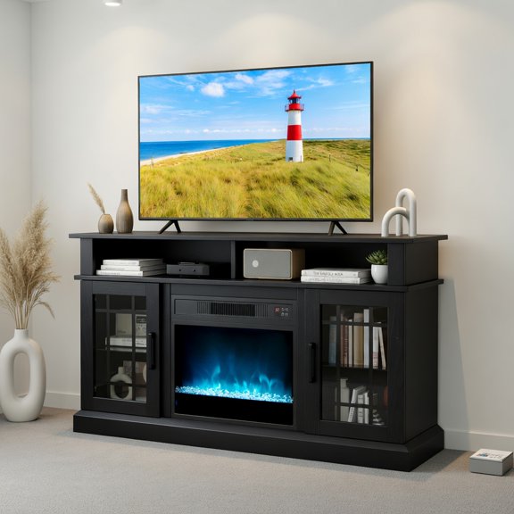 YYAo TV Media Console Table with Electric Fireplace LED Lights and Remote Controls for TVs Up to 40 Inch, TV Stand for Living Room, Home Office, Black