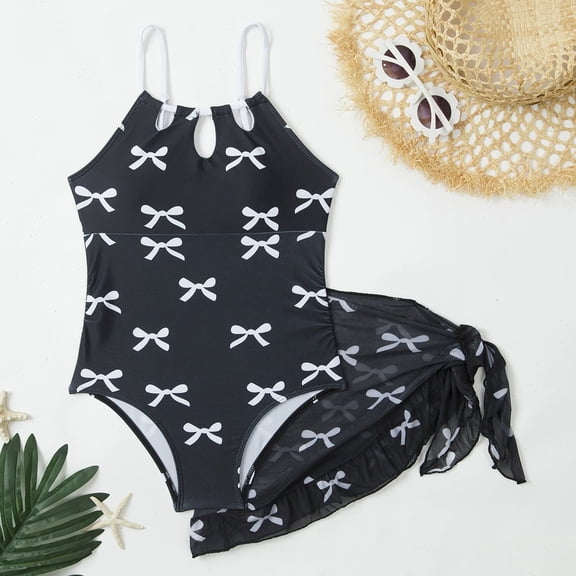 ZHOGXU Children Girls Two Piece Swimwear Sleeveless Suspenders Bow Print Beachwear And Cover Up Comfortable Fashion Swimsuit For Pool Beach,Black1,10-11 Years