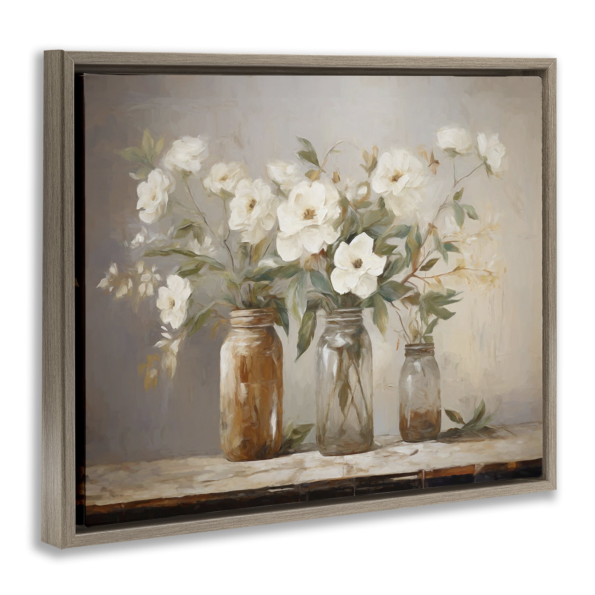 Stupell Industries Country Magnolia Jars Botanical & Floral Painting Brown Floater Framed Art Print Wall Art, 21 x 17