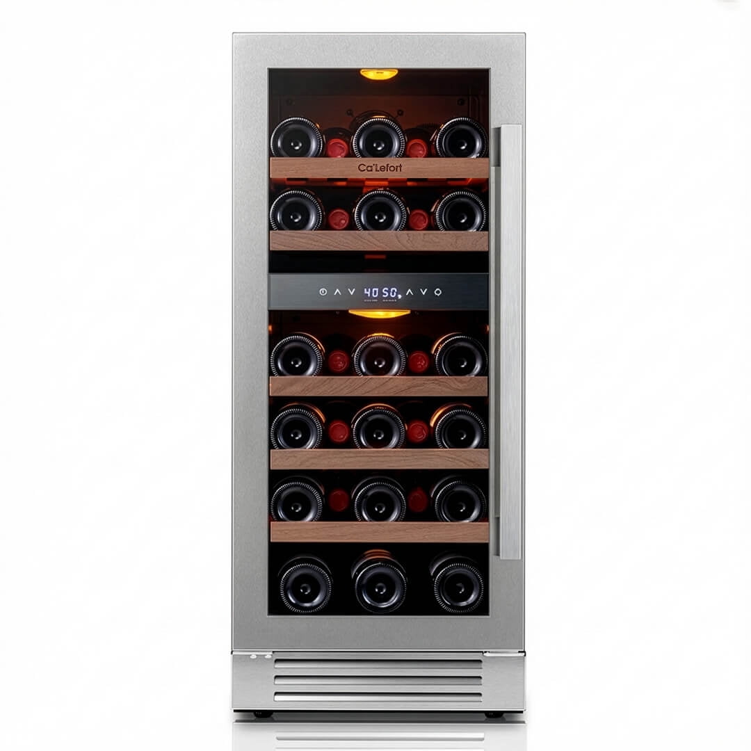 Ca'Lefort 15 Inch Wine Cooler Refrigerator, 28 Bottle Dual Zone Wine Fridge with Reversible Tempered Glass Door,Built in or Freestanding