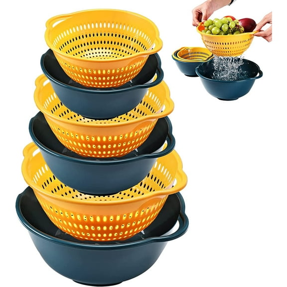 6 Pieces Colander Bowl Strainers Set,2-in-1 Plastic Kitchen Double Layered Drain Basket Bowl Washing Colander,Stackable Set Basket Used for Wash, Soak, Drain Vegetables and Fruit Colanders (3 Size)
