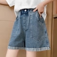 thumbnail image 2 of QIUOMBBP Girl's Loose Wide Leg Short Jeans Elastic Waist Solid Color Denim Shorts Summer Comfy Shorts Trousers Blue 6-7Years, 2 of 10