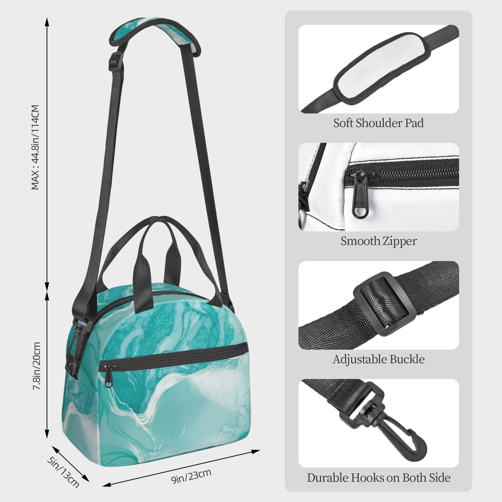 Xecao Teal Turquoise 1 Print Insulated Lunch Box, Lunch Cags Lunch Bag Featuring An Adjustable Shoulder Strap