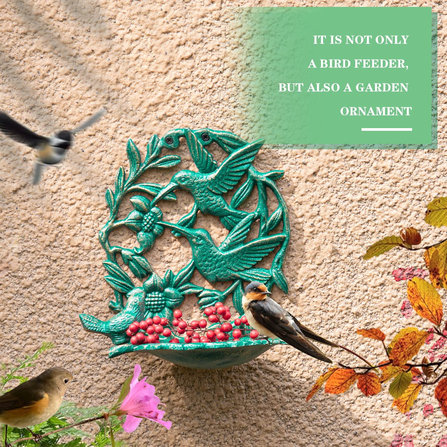 Sungmor Cast Iron Wall Mounted Bird Feeder, Cute Hummingbird Decor Small Water Bath, Wall Hanging Fence Bird Bath Feeder, Beautiful Green Birdfeeder for Garden Backyard Patio Wall Decoration