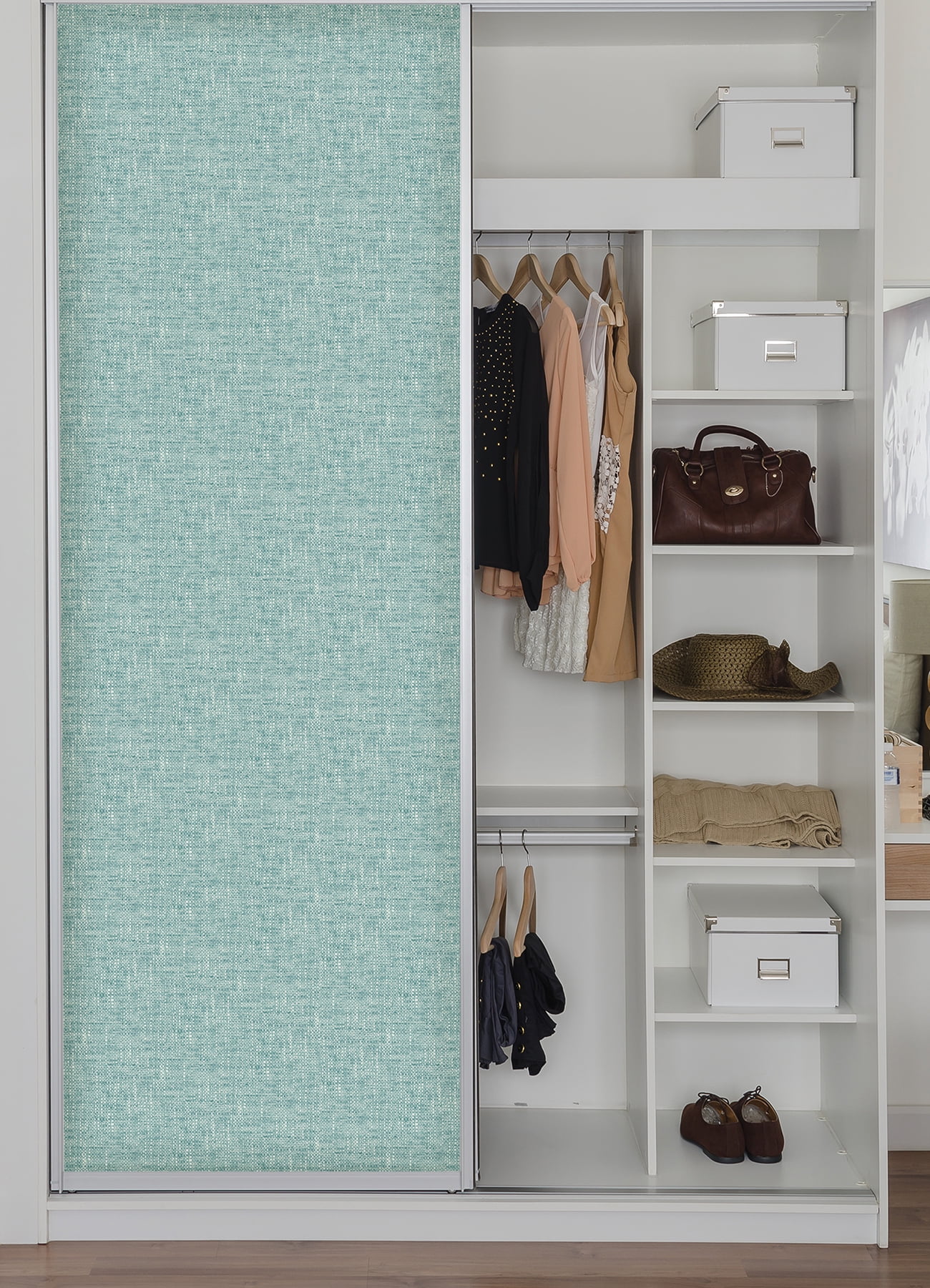 NuWallpaper Aqua Poplin Texture Raised Ink Vinyl Peel And Stick Wallpaper, 216-in by 20.5-in, 30.75 sq. ft.