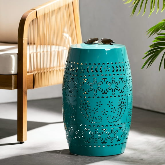 Delicate Lace Cut Side Table, 11.93”w X 11.93”d 17.83”h, Teal Color, Metal, No Assembly Chic Accent Metal Frame,