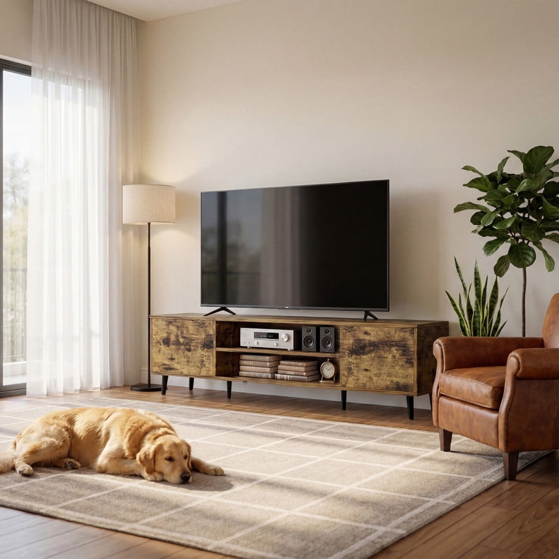 Homall 63'' Mid-Century Modern TV Stand for TVs up to 70 Inches, Wood Entertainment Center with Storage Cabinets & Open Shelves, TV Console Table for Living Room,Brown