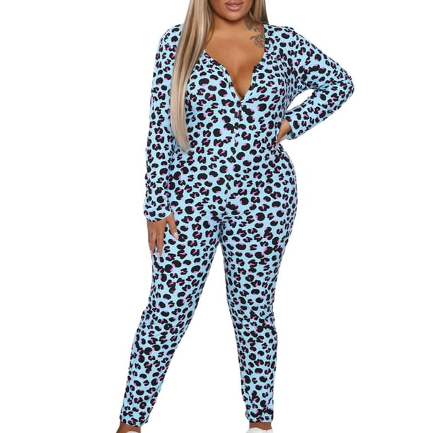 VISgogo Mono con Estampado de Leopardo Animal para Mujer, Manga Larga con Escote en V Profundo Bodycon Pantalones Largos Body Ropa de Dormir VISgogo moda