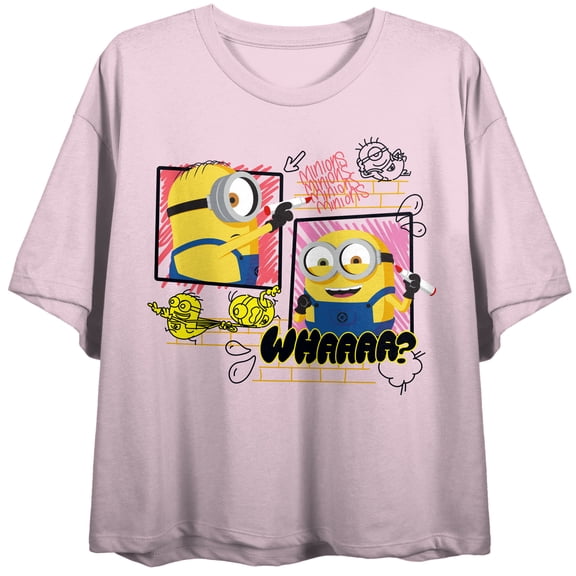 Minions Kevin & Stuart Whaaa? Women's Cradle Pink Crew Neck Short Sleeve Crop Top-XS