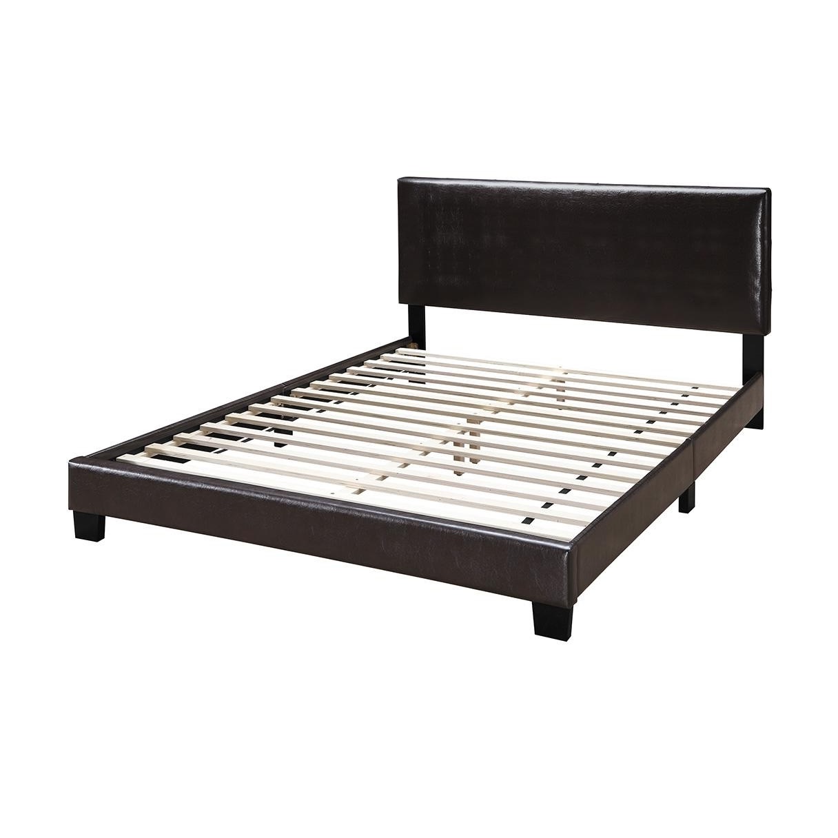 Bed Frame Modern Brown 1pc Queen Size Bed Faux Leather Upholstered Bedframe Bedroom Furniture Adjustable Headboard