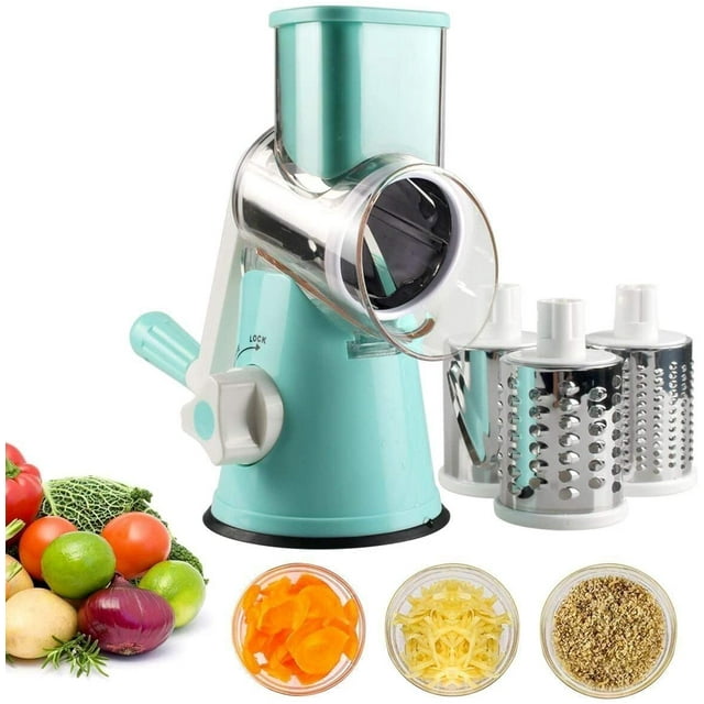 Coupe-légumes Manuel Râpe à Tambour Hachoir à Fromage avec 3 Inserts en Acier Inoxydable (Bleu)