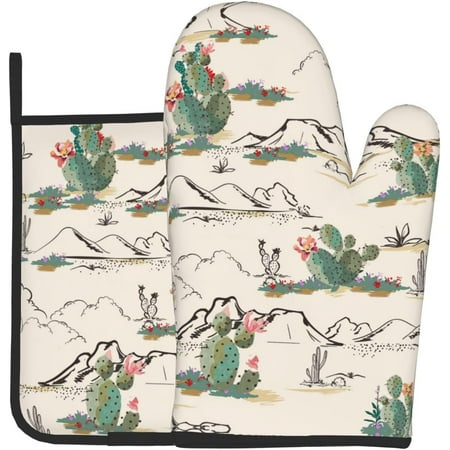 

Cactus Flower Oven Mitts and Pot HoldersSets of 2，Heat Resistant Microwave Gloves Non-Slip Pot Pads Set for Kitchen Cooking Baking Grilling BBQ