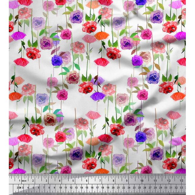 Soimoi Tissu Popeline de Coton Imprimé Feuilles & Roses au Mètre 56 Pouces de Large