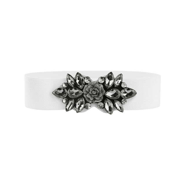 Cinturones elásticos para mujeres, banda de cintura de rosa vintage elegante con strass para vestido abrigo 70x6cm/27.6x2.4" banda blanca-negra