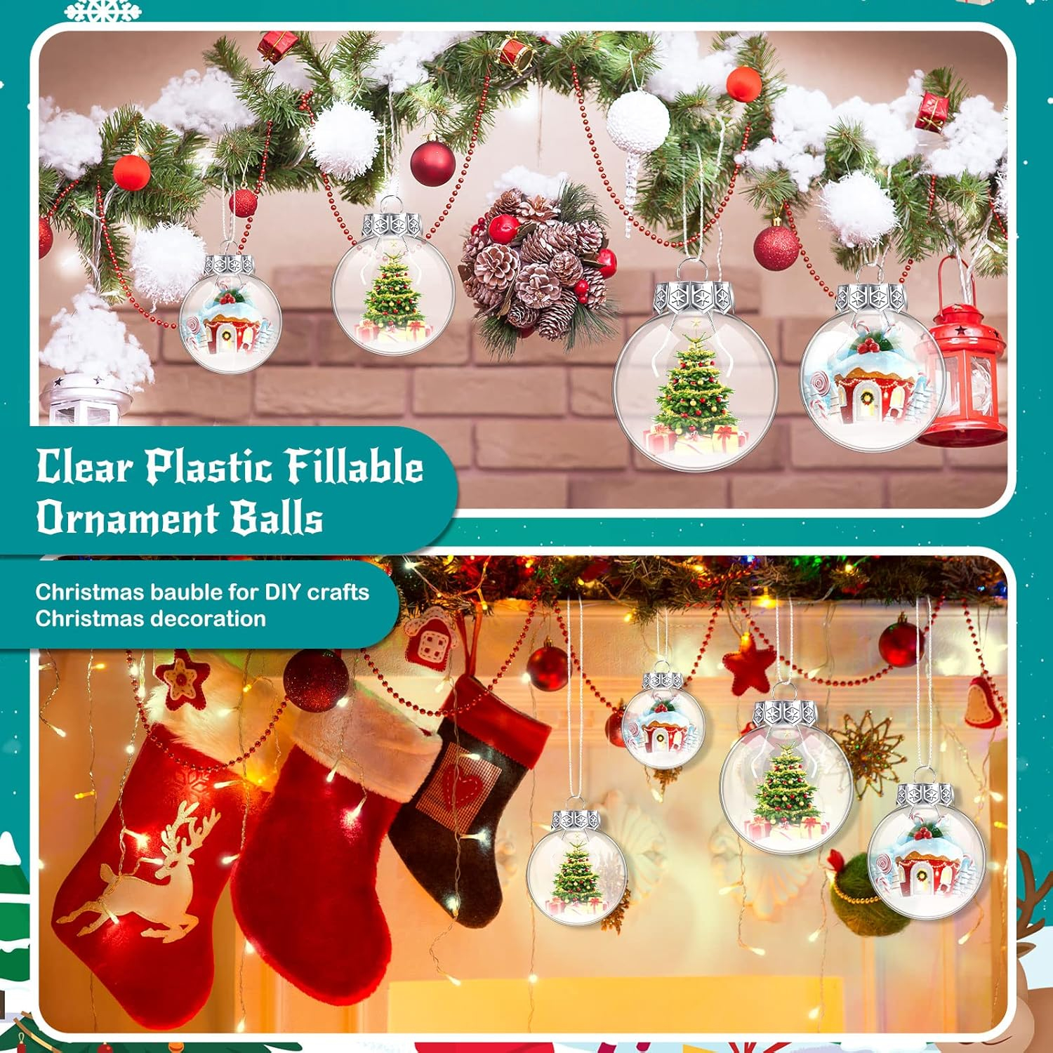 36 Pcs Clear Fillable Christmas Ornaments 2.36 inch Plastic Hanging Ornament Balls Transparent Shatterproof Xmas Decorative Balls Removable Top Round Balls for Christmas Tree Wedding Decor (60 mm)