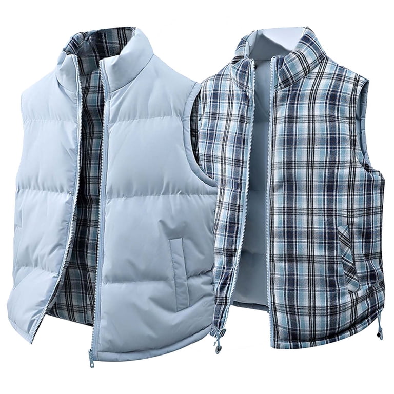 Puffer Vest for Men Solid Color Plaid Reversible Jacket Sleeveless