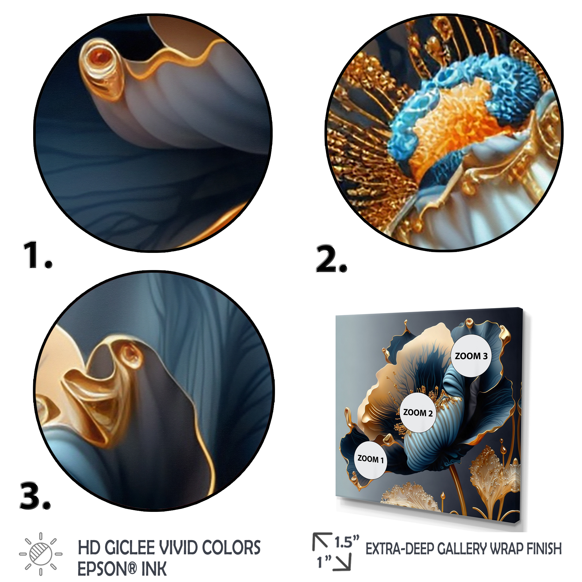 Designart Deep Blue And Gold Single Flower III Canvas Wall Art