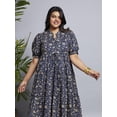 thumbnail image 6 of Globus Gloplus Women Mandarin Collar Puff Sleeves Floral Print A-Line Midi Plus Size Dress, 6 of 6