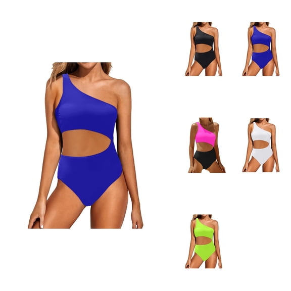 Womens One Shoulder One Piece Swimsuit with Keyhole Cutout, Full Coverage Tummy Control Bathing Suit